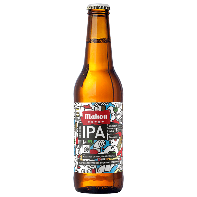 Botella de cerveza Mahou Cinco Estrellas IPA. Artesana